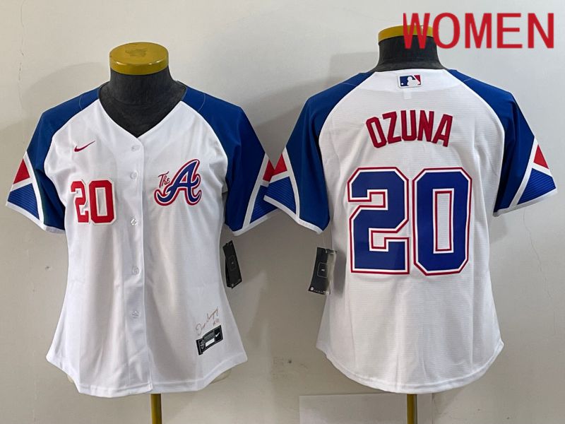 Women Atlanta Braves 20 Ozuna White City Edition 2024 Nike MLB Jersey style 3